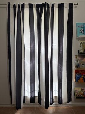 Half Moon Pair of Black and White Vertical Stripe Panel Curtains 52 x 84